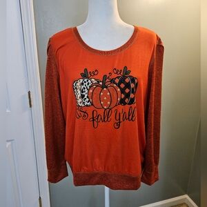 Onque Casual Orange It's Fall Yall Pumpkim Themed Shirt New Women's Size XL